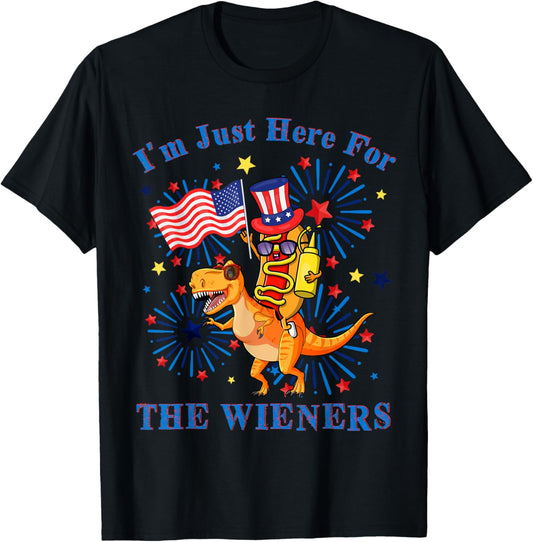 Funny Hotdog T-Rex I'm Just Here For The Wieners 4Th Of July T-Shirt