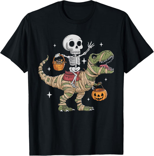 Skeleton Riding Mummy Dinosaur T Rex Pumpkin Happy Halloween T-Shirt