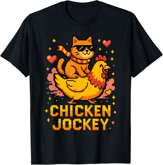 Chicken Jockey Cute Cat Riding Pixel Art Gamer Meme T-Shirt