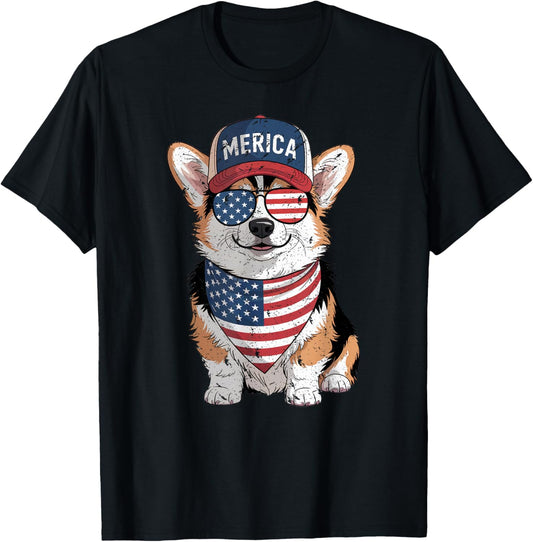 Tri Color Corgi 4th of July US American Flag Dog Patriotic T-Shirt