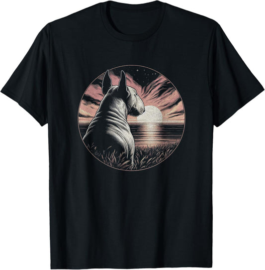 Vintage Bull Terrier Dog Retro Sunset Scene Art Design T-Shirt