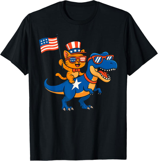 Funny Cat Riding Dinosaur Happy Fourth Of July Cat Lovers T-Shirt