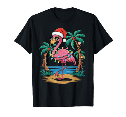 Santa Flamingo Christmas Lights Tropical Palms Tree Beach T-Shirt