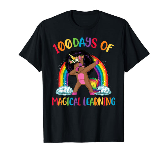 100 Days Of Magical Learning afro Black Dabbing Unicorn Girl T-Shirt