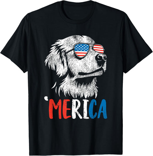 golden retriever Glasses Dog 4th of july merica Flag T-Shirt