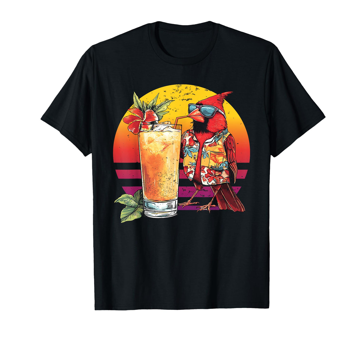 Red Cardinal Bird Drinking Cocktail Hawaiian Retro Summer T-Shirt