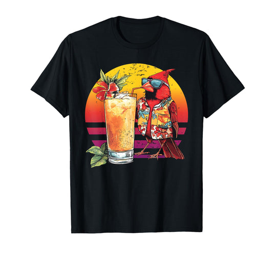 Red Cardinal Bird Drinking Cocktail Hawaiian Retro Summer T-Shirt