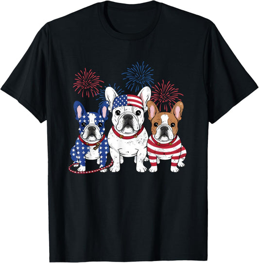 3 US Flag French Bulldogs 4th Of July Patriotic Frenchie Dog T-Shirt