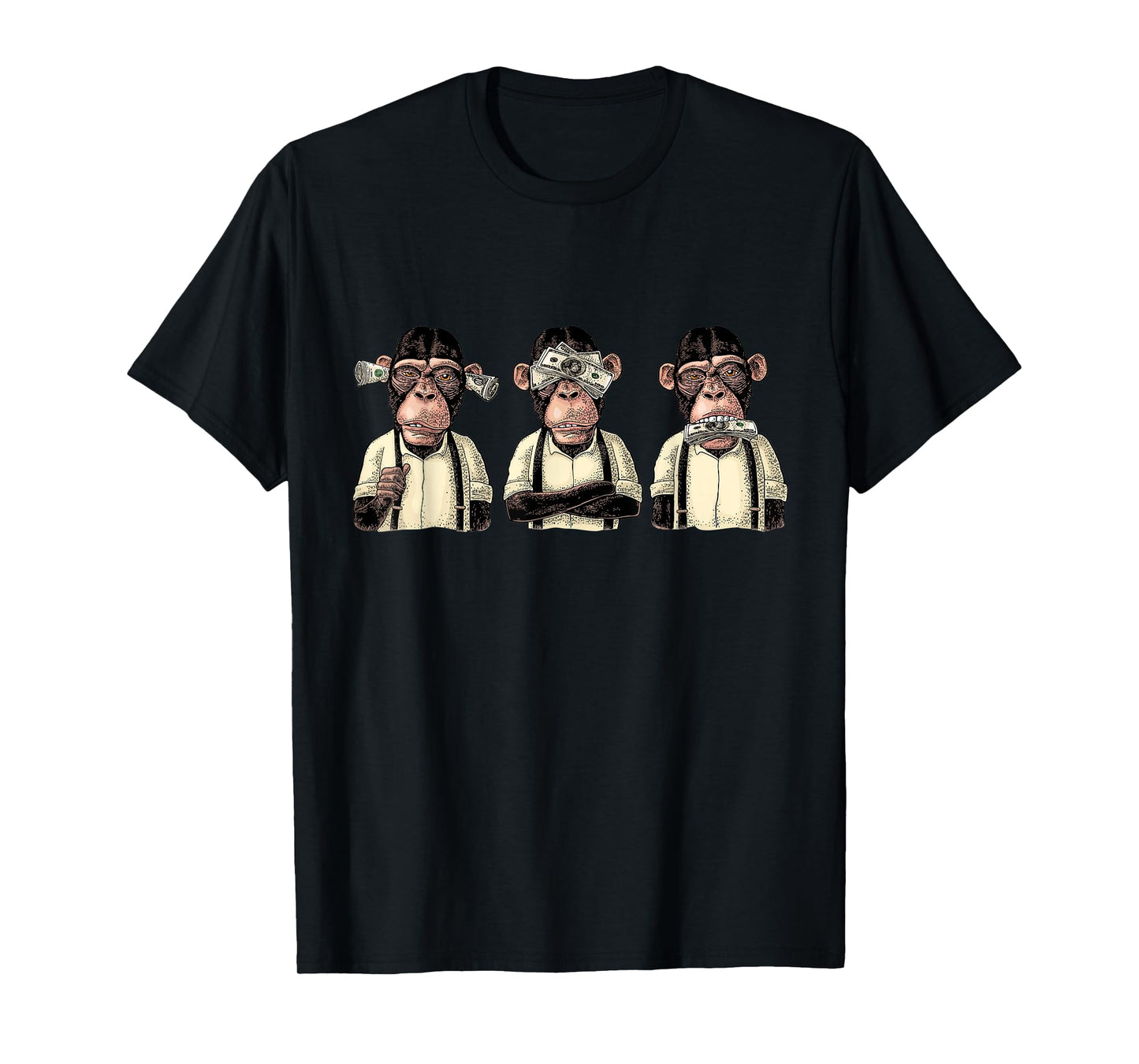 Money A Bag HEAR NO SEE NO SPEAK NO EVIL Monkey Dollar Bills T-Shirt