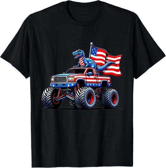 Patriotic Monster Truck Dinosaur USA Flag 4th Of July T-Shirt