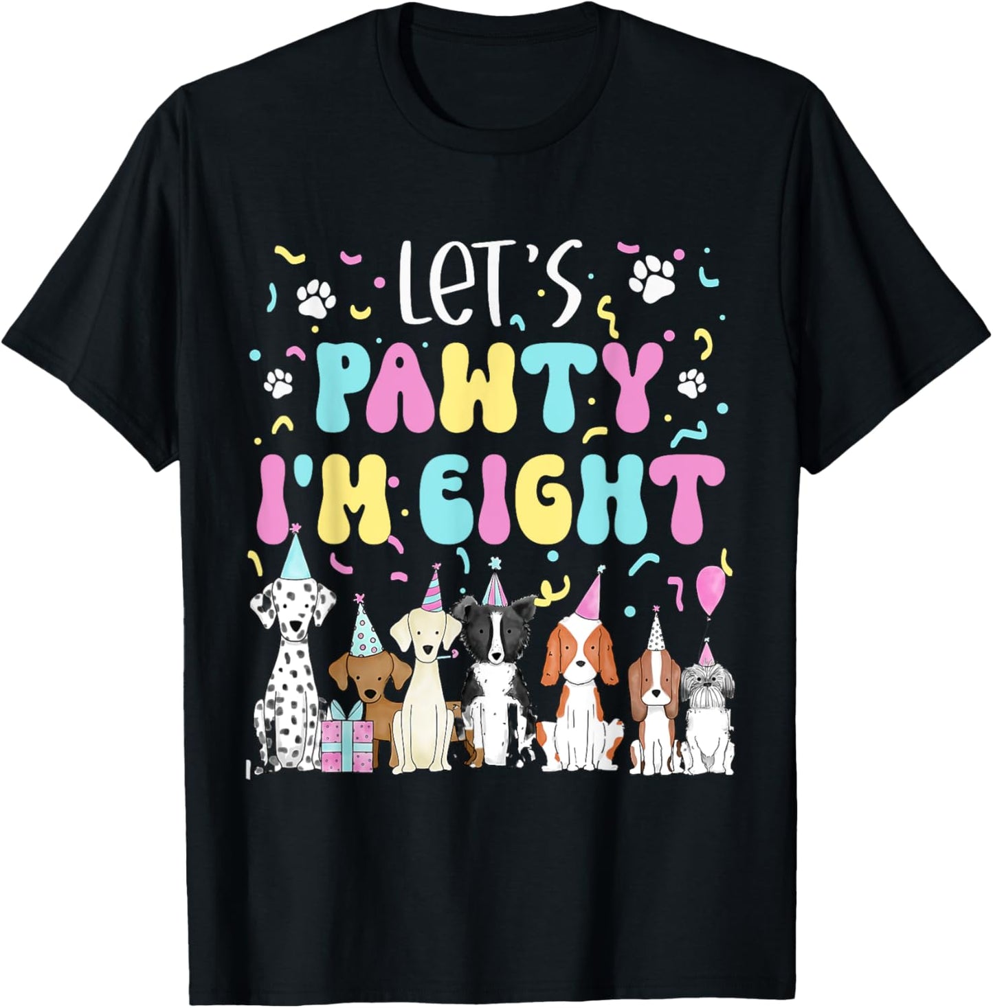 Kids Lets Pawty I'm Eight Pet Puppy Dog Theme Birthday Party T-Shirt
