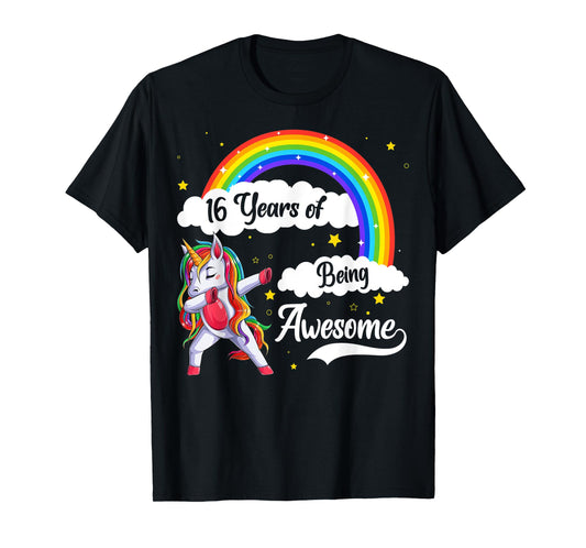 16 Years Of Being Awesome Dabbing Unicorn & Rainbow Birthday T-Shirt