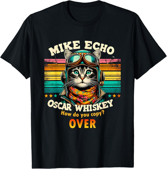 Funny Cat Pilot Humor Men Father Dad Mike Oscar Whiskey T-Shirt