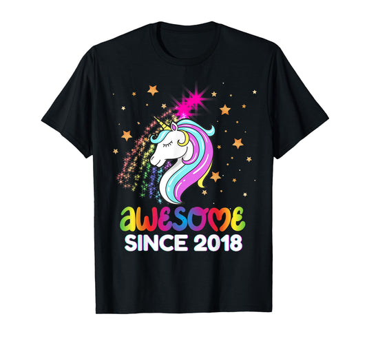 Fifth 6th Birthday Awesome Since 2018 Rainbows and Unicorn T-Shirt