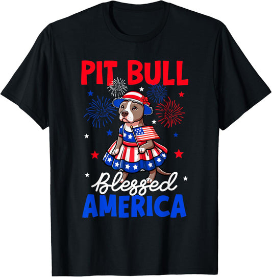 Pit Bull Bless American 4th Of July US Flag Fireworks Owner T-Shirt