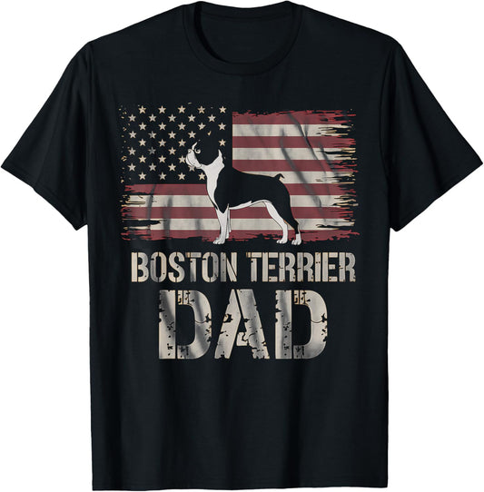 Boston Terrier Dad American Flag Gift For Men US Patriotic T-Shirt