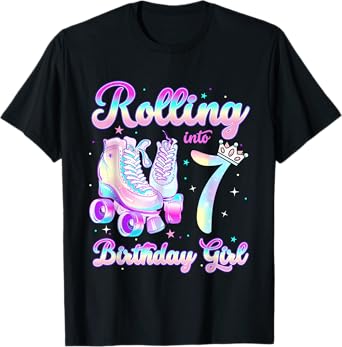 Kids Rolling Into 7 Roller Skating 7th Birthday Girl Party T-Shirt