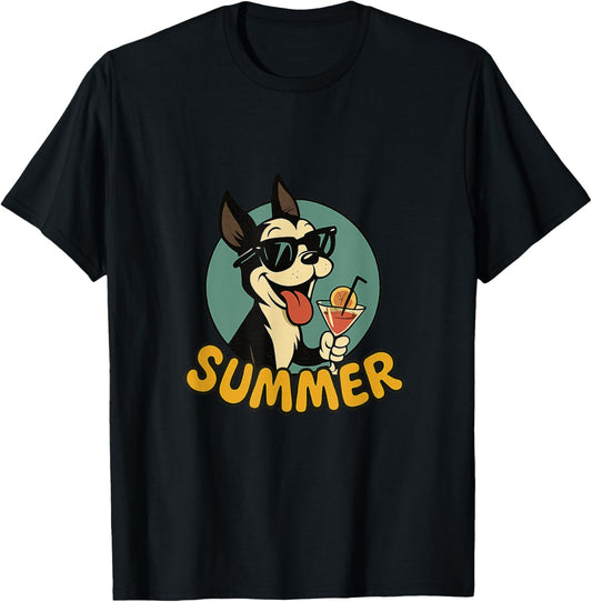 Boston Terrier Summer Design Funny Dog Cartoon Vintage T-Shirt