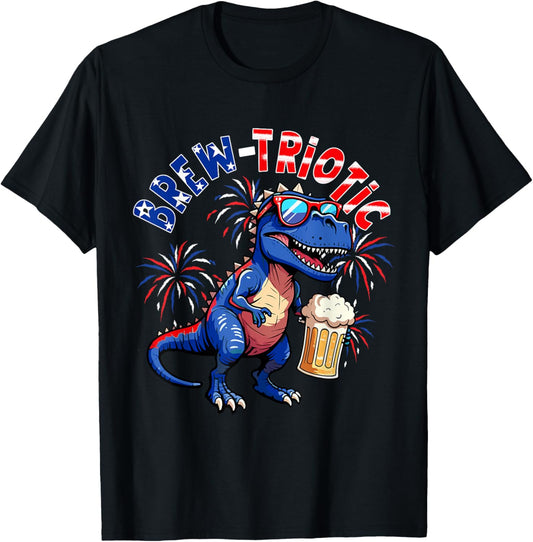Brew-triotic Patriotic 4th Of July T-Rex Drinking Beer T-Shirt