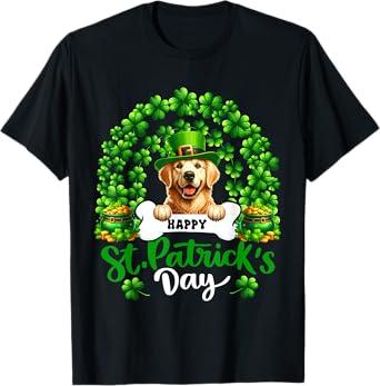 Happy St. Patrick's Day Golden Retriever Shamrocks Rainbow T-Shirt