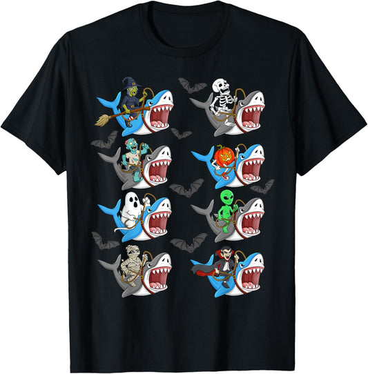Halloween Skeleton Zombie Riding Shark Mummy Vampire Boys T-Shirt