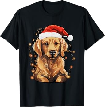 Golden Retriever Dog Christmas Lights Santa Hat Xmas Pajama T-Shirt