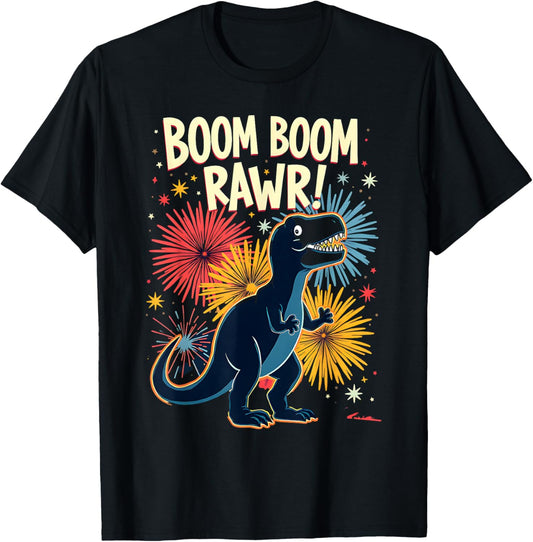Dinosaur Fireworks Boom Boom Rawr July 4th Funny Dino Design T-Shirt