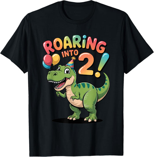 Roaring Into 2 Dinosaur Birthday Fun Party Boys Girls Kids T-Shirt