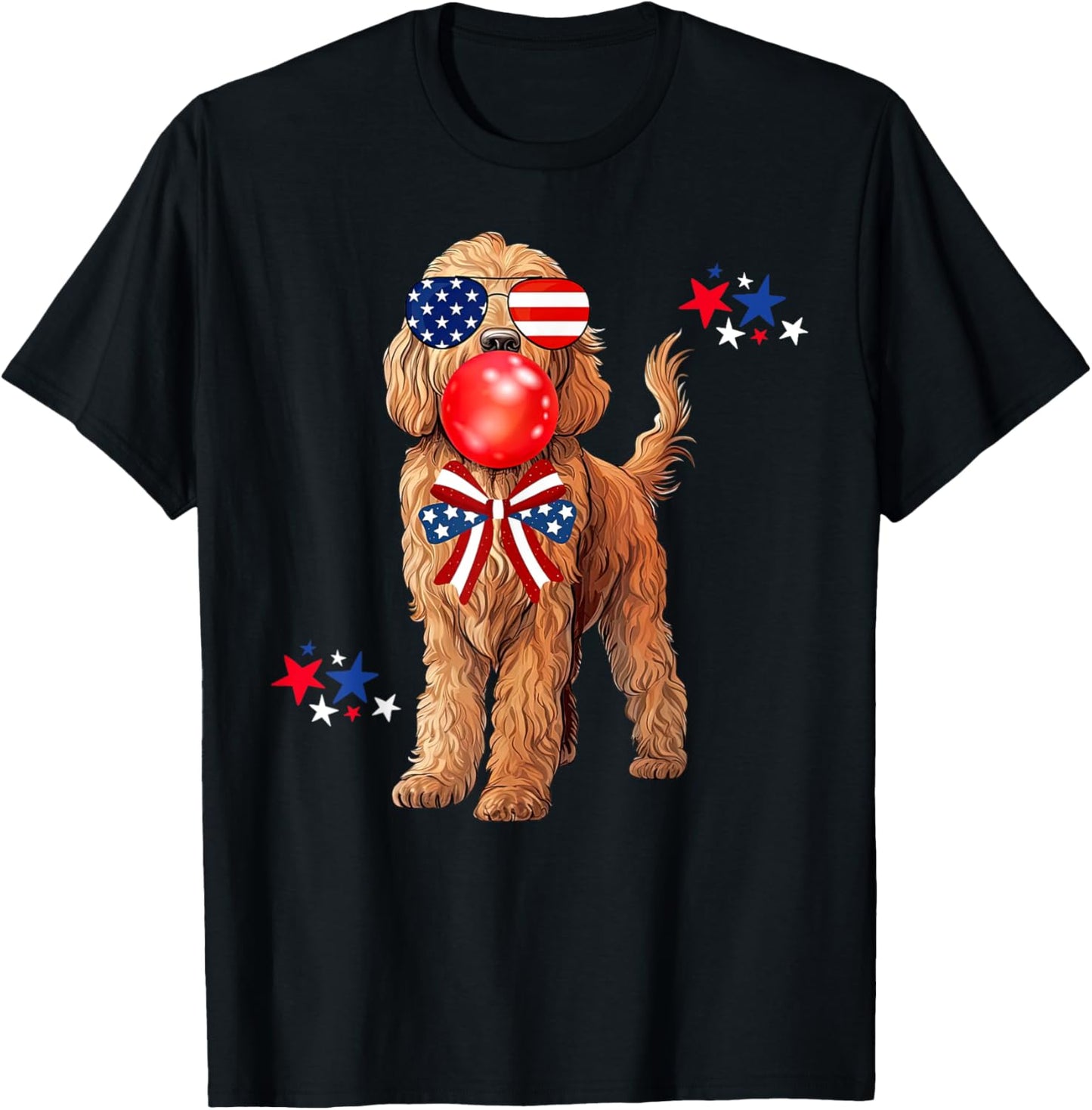 Goldendoodle Dog Sunglasses Blowing Bubble Gum 4th Of July T-Shirt