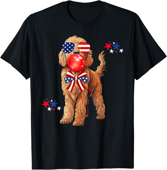 Goldendoodle Dog Sunglasses Blowing Bubble Gum 4th Of July T-Shirt