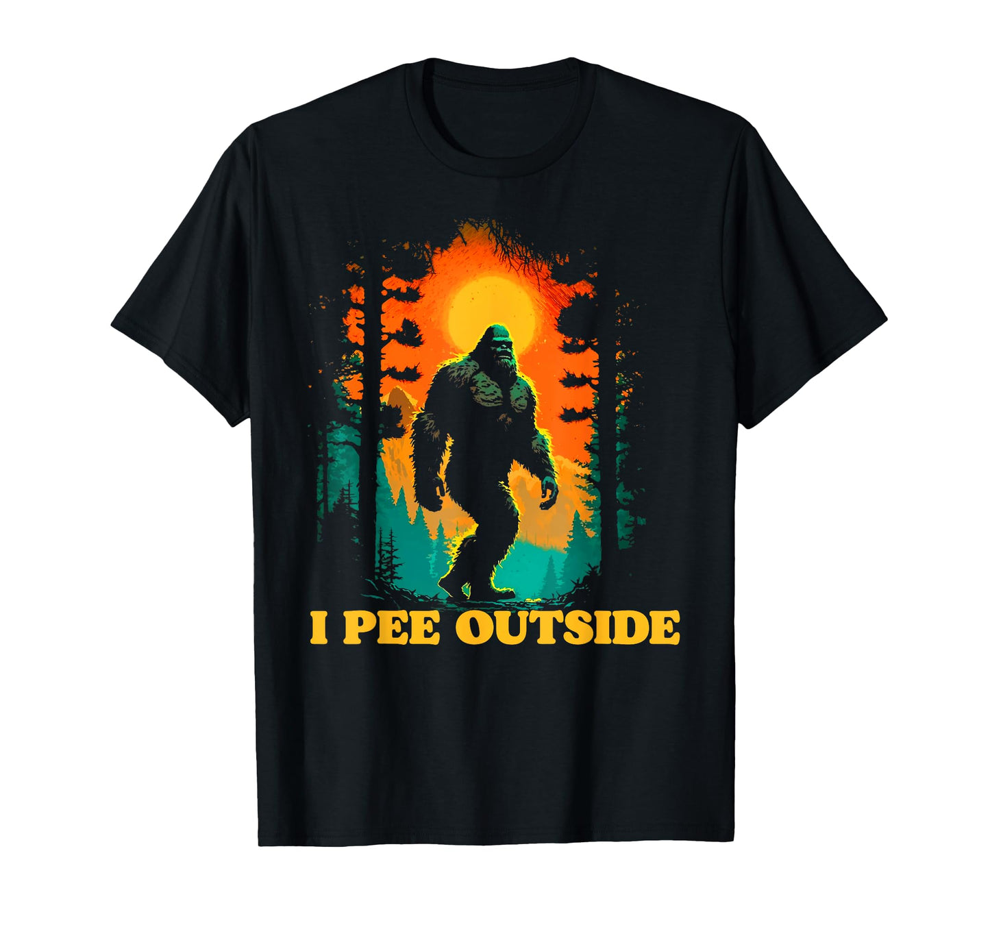 I Pee Outside Funny Bigfoot Hiking Sasquatch Retro Sunset T-Shirt