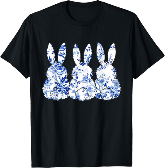 Chinoiserie Bunnies Blue and White Chinoiserie Florals women T-Shirt