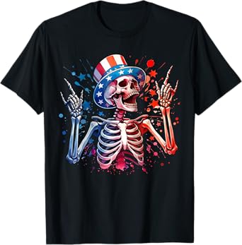 Party in The USA Rock Hand July 4th Funny American Skeleton T-Shirt for Women Kids Men