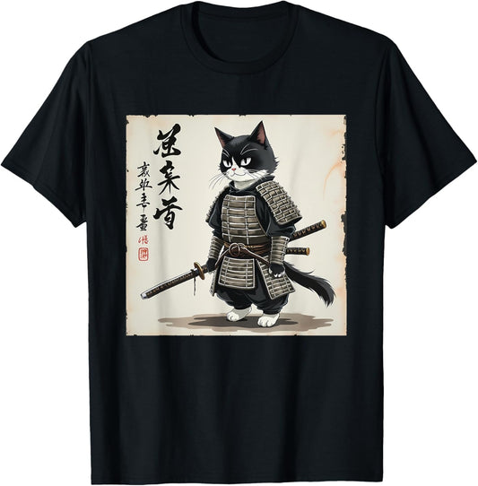 samurai cat graphic warrior art tee Japanese anime men women T-Shirt