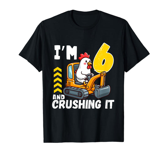 Kids Six 6yr 6th Birthday Construction Boy 6 Years Old Chicken T-Shirt