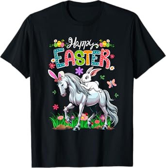 Happy Easter Bunny Riding Horse Bow Tie Easter Eggs Farmer T-Shirt