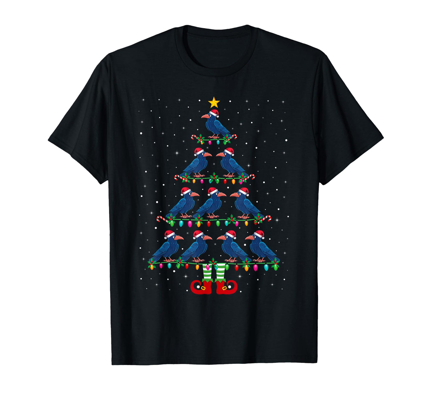 Christmas Tree Lights Santa Hat ELF Crow Xmas Tree T-Shirt