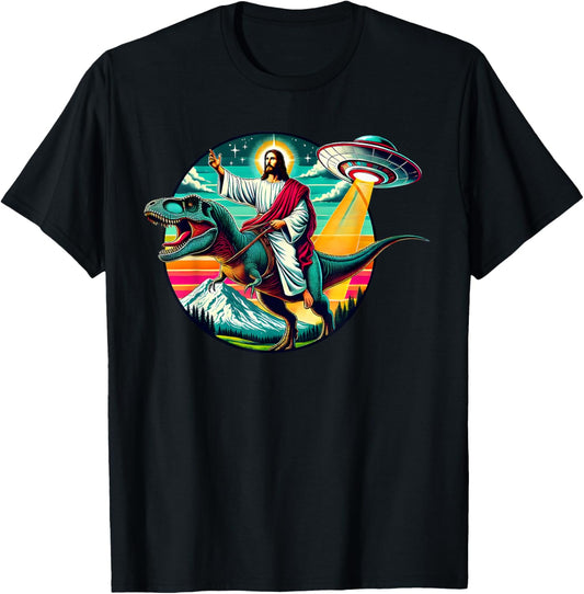 Jesus Riding Dinosaur UFO Alien Cross Religious Retro God T-Shirt