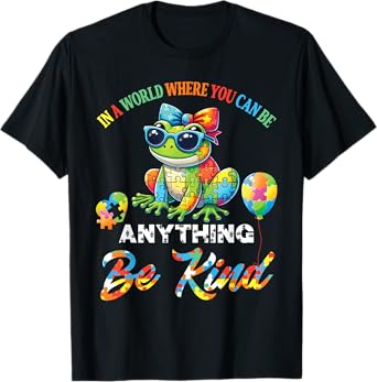 Puzzle Pieces Frog In A World You Can Be Anything Be Kind T-Shirt