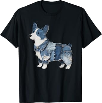 Cute Denim Dog Corgi Pattern Patchwork Art Corgi Denim Men Women T-Shirt