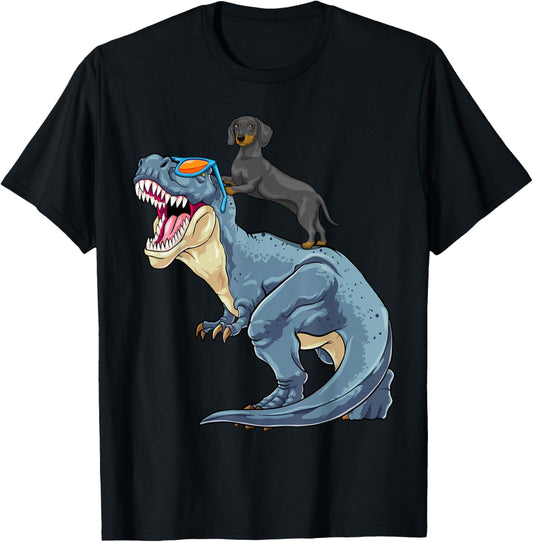 Dachshund Riding Dinosaur T-Rex Dog Rainbow Dino Funny T-Shirt
