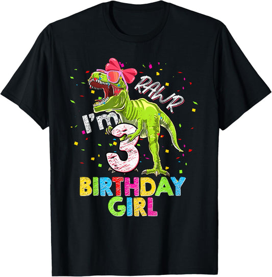 Kids Rawr I'm 3 3rd Birthday T Rex Dinosaur Party For Girls T-Shirt
