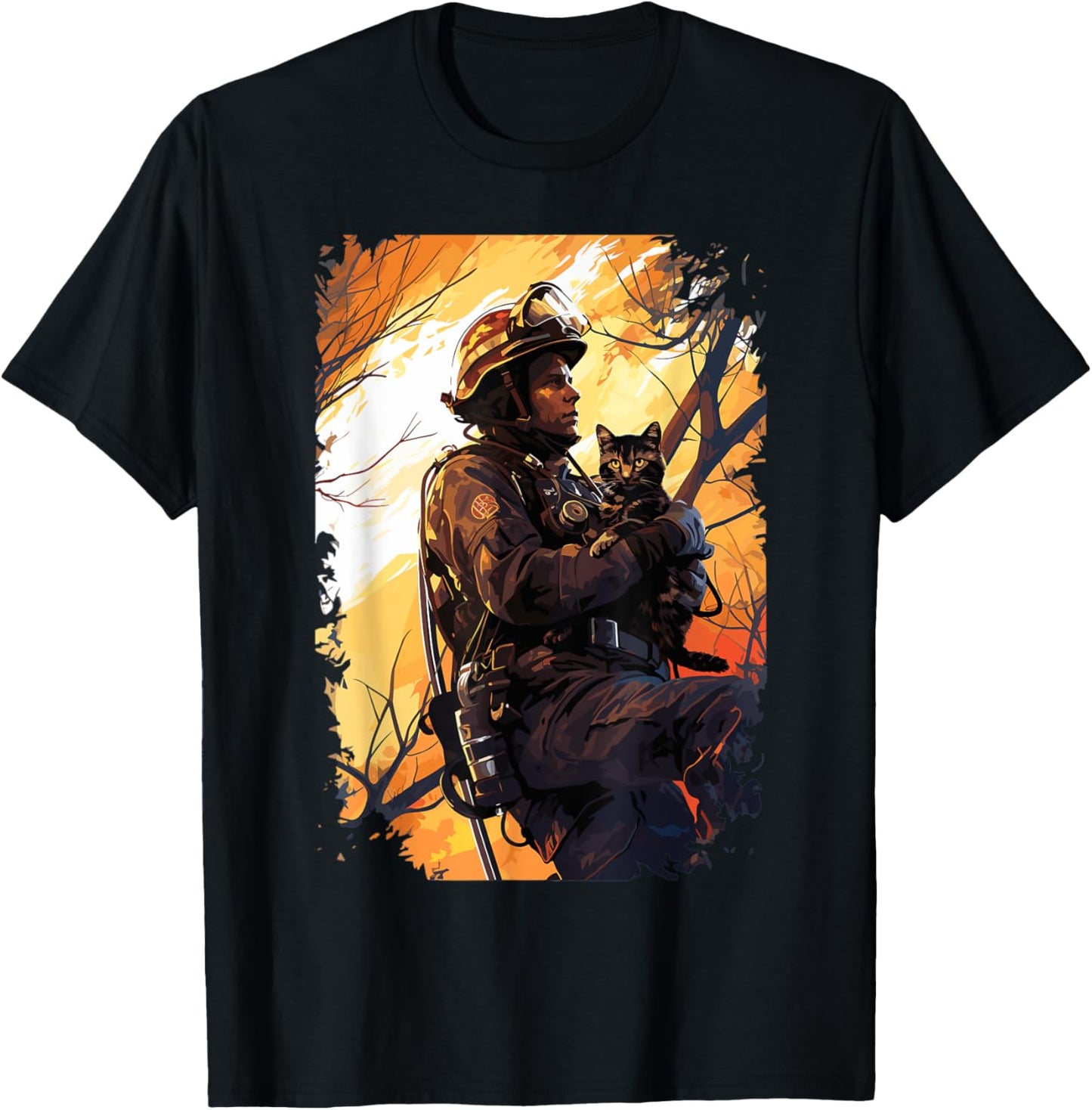 Firefighter Saving A Cat - Firefighter & Fireman T-Shirt