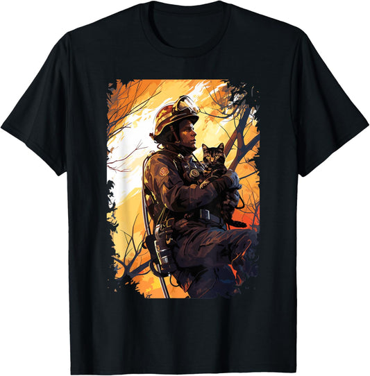 Firefighter Saving A Cat - Firefighter & Fireman T-Shirt