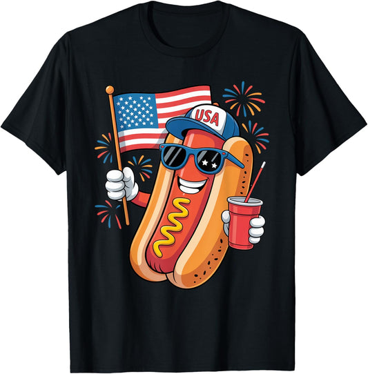 4th of July Hotdog Funny Fourth of July Patriotic USA Flag T-Shirt
