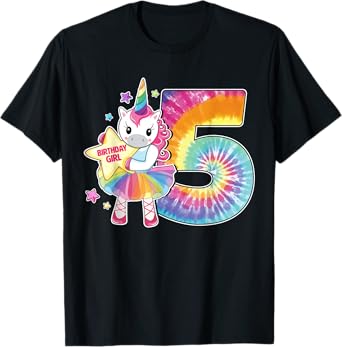 5th Birthday Unicorn Shirt Gift for Girls Age 5 Tie Dye Tee T-Shirt