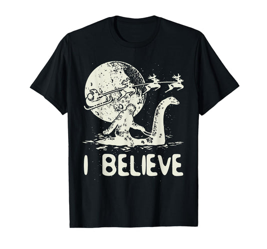 Bigfoot Sasquatch Riding Loch Ness Monster Christmas T-Shirt