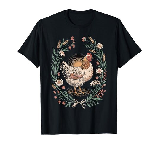 Retro Hen in Floral Frame Country Chicken Lover Artwork T-Shirt