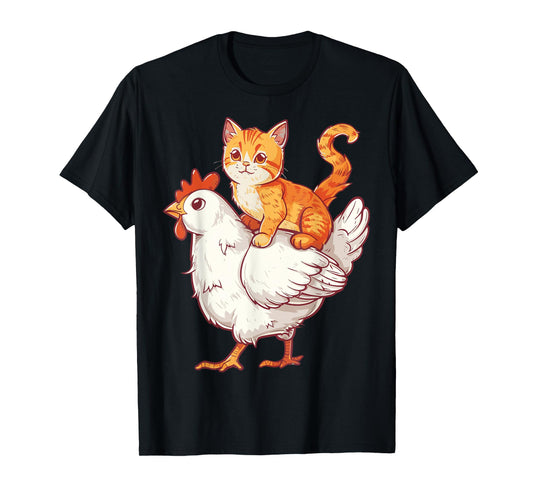 Cat Riding Chicken T-Shirt for Men Women Kids