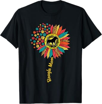 Beagle Mom Dog Lover Sunflower Paw Leopard Print T-Shirt